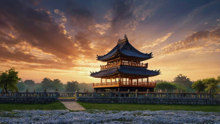 Sunset at the pavilion in Beijing, China