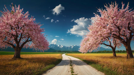 Cherry blossoms on a country road with mountains in the backgroundの写真素材