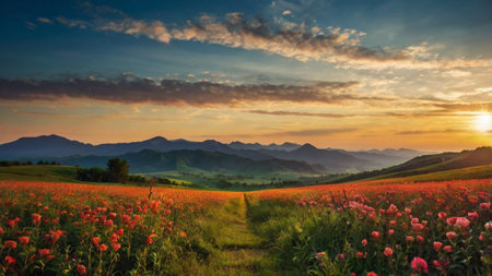 Beautiful sunset in the mountains. Panoramic view of the meadow with red flowers.の写真素材