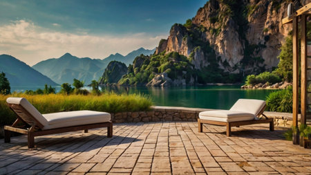 Sun loungers by the lake in the mountains at sunset.の写真素材