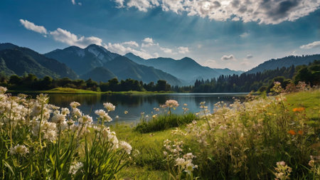 Panoramic view of alpine lake in summer, Bavaria, Germanyの写真素材