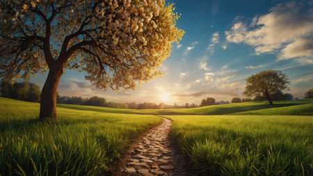 Spring landscape with blooming tree on meadow and path at sunset