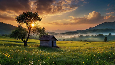 Sunset in the mountains. Summer landscape with meadow and old houseの写真素材