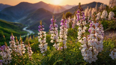 Beautiful lupine flowers blooming in the mountains at sunset