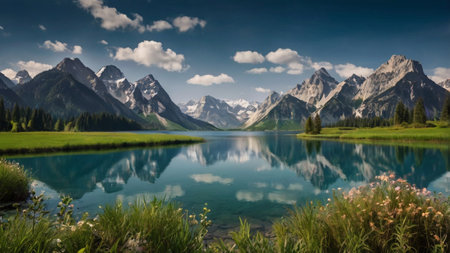 Panoramic view of the lake in the Dolomites, Italyの写真素材