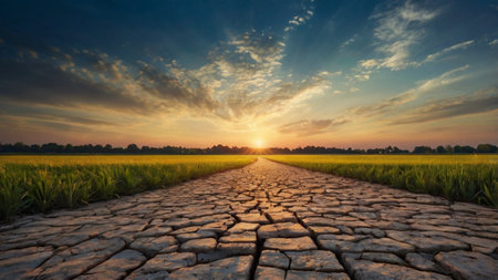 sunset over rice field with dry soil, concept of climate changeの写真素材