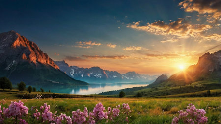 Beautiful summer landscape in the mountains. Sunrise over the lake.の写真素材