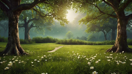 Pathway through the woods in the morning with white daisiesの写真素材