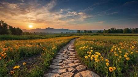 Sunset in the mountains with a path to the field of yellow flowersの写真素材