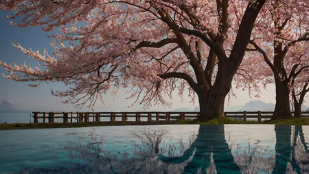 Cherry blossoms in full bloom at the edge of a pool