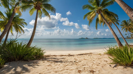 Tropical beach with coconut palm trees and turquoise waterの写真素材