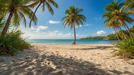 Panoramic view of beautiful tropical beach with coconut palm trees, blue sky and turquoise waterの写真素材