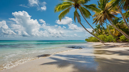 tropical beach with coconut palm trees and white sand at Seychellesの写真素材