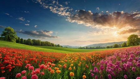 Beautiful spring landscape with poppies in the meadow.の写真素材