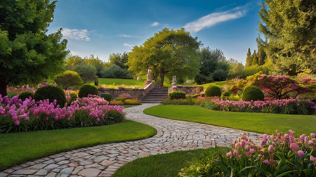 Garden with stone path and blooming flowers in summer time.の写真素材