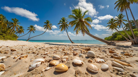 Seashells and coconut palm trees on a tropical beach