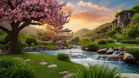 Beautiful Japanese garden with a waterfall and a pavilion at sunsetの写真素材