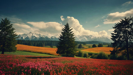 Beautiful summer landscape with poppies and mountains in the background