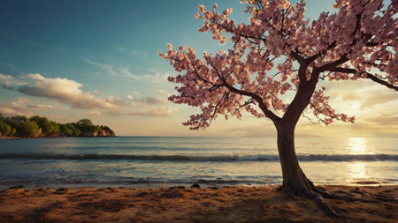 cherry blossom tree on the beach at sunset with copy spaceの写真素材