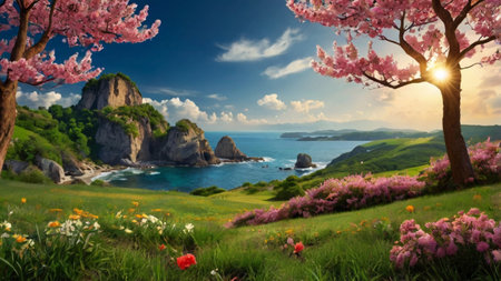 Beautiful spring landscape with blooming flowers on the foreground.の写真素材
