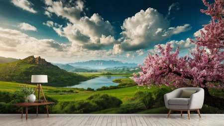 Composite image of living room with armchair against scenic landscape
