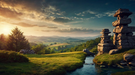 Beautiful sunset in the mountains. Panoramic view of the meadow with stones.の写真素材