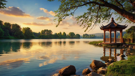 Pavilion on the lake at sunset, Hangzhou, Chinaの写真素材