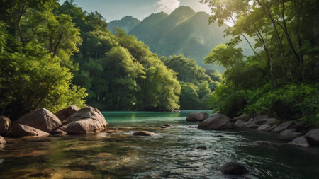 Beautiful landscape of mountain river flowing through green forest at sunset.