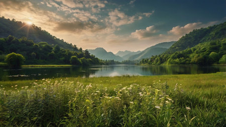 Beautiful summer landscape with mountain lake and green meadow at sunset