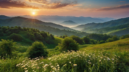 Beautiful summer landscape in the mountains. Sunrise in the mountains.の写真素材