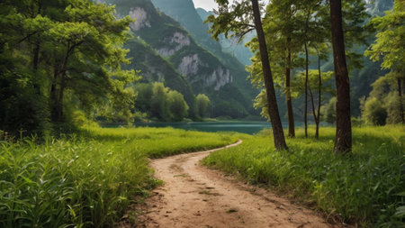 Dirt road through the green meadow in the mountains at summerの写真素材