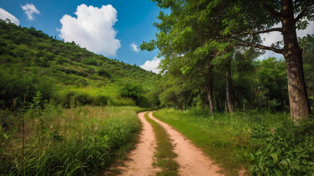 Country road through green forest and blue sky with white clouds in summerの写真素材