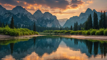 Lago di Braies lake at sunrise, Dolomites, Italyの写真素材