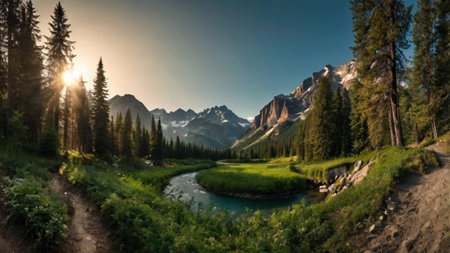 Sunset in Banff National Park, Alberta, Canada. Panoramic view of the lake and mountains.の写真素材