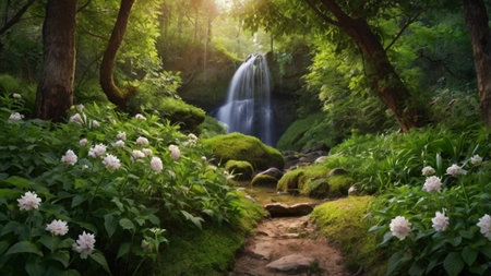 Beautiful waterfall in the forest with green grass and white flowers.の写真素材