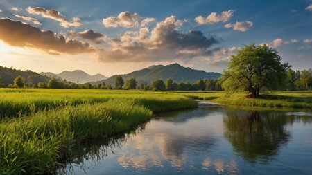Sunset on the river and a green meadow in the foregroundの写真素材
