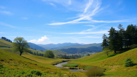 mountain landscape with river, trees and blue sky in sunny dayの写真素材