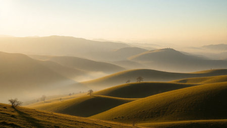 Beautiful sunrise over rolling hills.