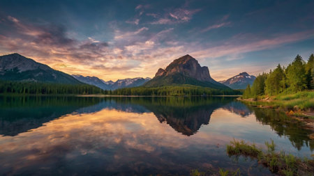 Sunset over Lake Louise, Banff National Park, Alberta, Canadaの写真素材