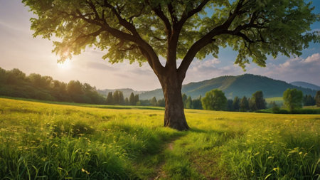 Beautiful summer landscape with a big tree on the meadow.の写真素材