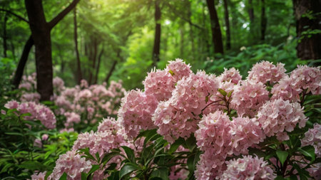Pink rhododendron flowers in the park. Spring background.の写真素材
