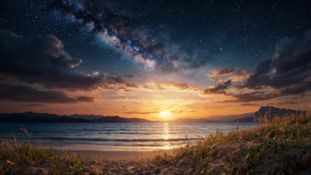Beautiful sunset on the beach. Panoramic view of the sea and the starry sky.の写真素材