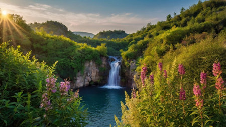 Beautiful waterfall in the mountains at sunset. Krka National Park, Croatia