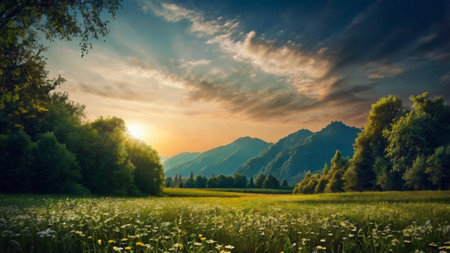 Beautiful landscape with meadow and mountains at sunset in the backgroundの写真素材
