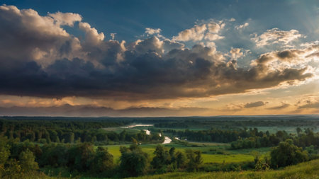 Sunset over the river. Beautiful summer landscape. Panorama.の写真素材