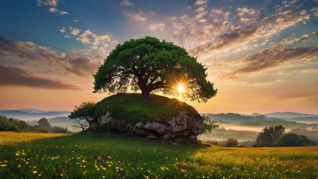 Green tree on a meadow at sunrise. Panoramic viewの写真素材
