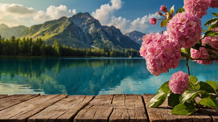 Wooden table in front of beautiful alpine lake with pink flowersの写真素材