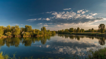 beautiful summer landscape with river and clouds on blue sky. Ukraineの写真素材