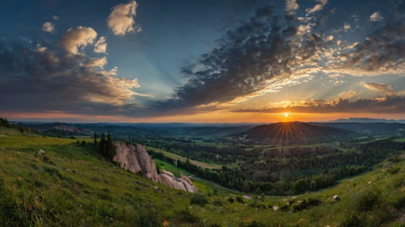 Majestic sunset in the mountains landscape. Dramatic sky. Ukraine, Europe. Beauty world.の写真素材