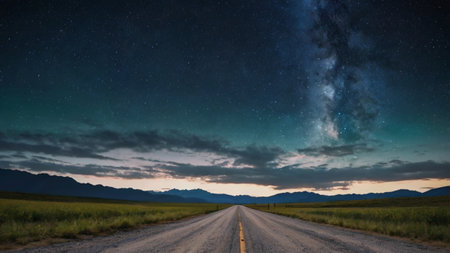 Milky Way over a road in the highlands of Colorado.の写真素材